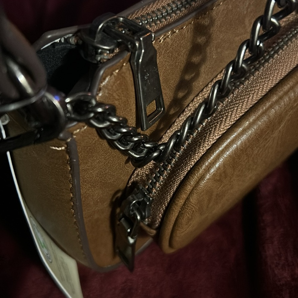 Brown Faux Leather Shoulder or Crossbody Bag with Chain Detail - No Boundaries - Picture 2 of 4